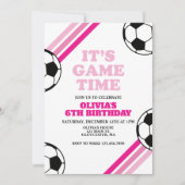 サッカーゲームタイム ピンクストライプ 誕生日 招待状 (正面)
