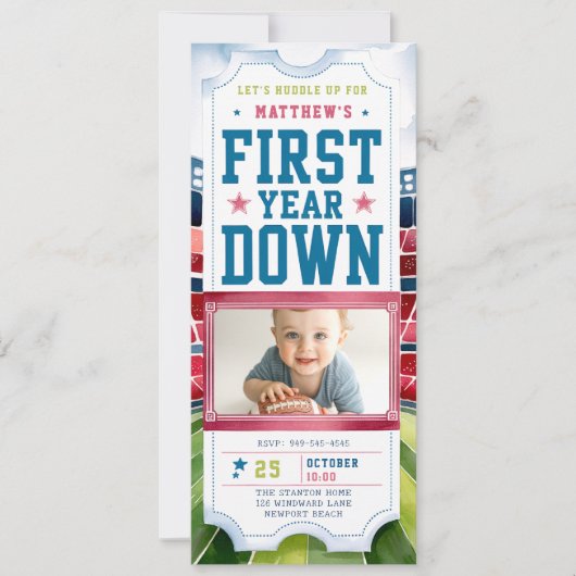 サッカーゲームチケットスポーツボーイ写真1st誕生日 招待状 (正面)