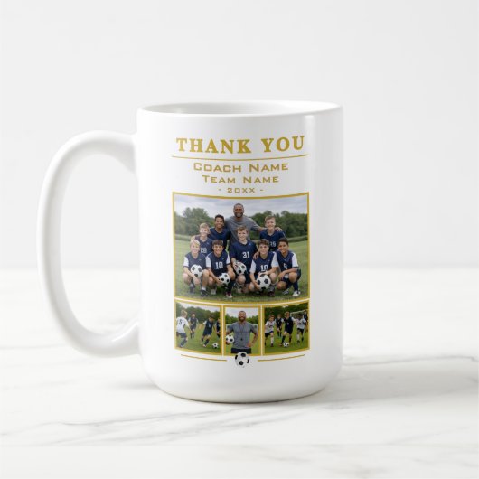 サッカーコーチコラージュチーム4枚の写真 ありがとう コーヒーマグカップ (左)