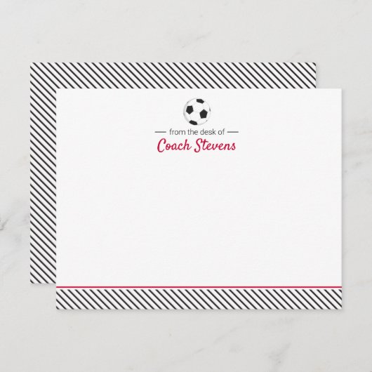 サッカーコーチ赤と黒の文房具ストライプの具 招待状 (正面/裏面)