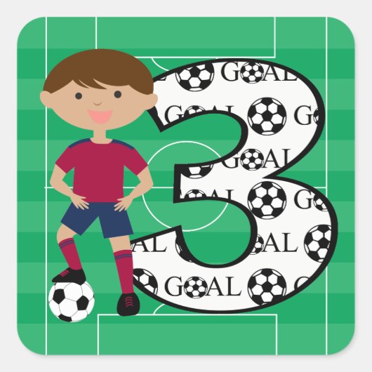 サッカーゴールの赤と青の3歳 スクエアシール (正面)