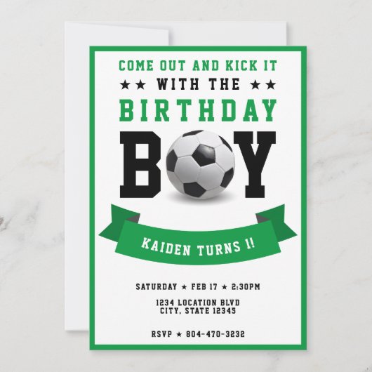 サッカーサッカーの日男の子の最初の誕生日パーティー 招待状 (正面)