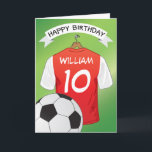 サッカーサッカーレッドシャツカスタムスポーツ誕生日 カード<br><div class="desc">軽い緑の色あせた背景と赤と白のサッカー/サッカーのシャツを持つキッズサッカーハッピーバースデーカードパーソナライズされたと、子供の名前と年齢でパーソナライズすることができ、下部にボール。このサッカーのハッピーバースデーカードは、あなたの息子/娘、甥/姪、孫/孫娘、または友人である誕生日の子供を感動させるだろう、文字通り誰もが不機嫌スポーツの!カードの中に忘れ特別なメッセージを追加するな！</div>