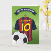 サッカーサッカーレッド&ブルーストライプシャツ誕生日 カード (黄色い花)