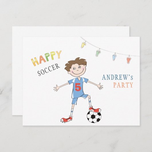 サッカーシンプルの誕生日5歳の男の子スポーツパーティー 案内ポストカード (正面/裏面)