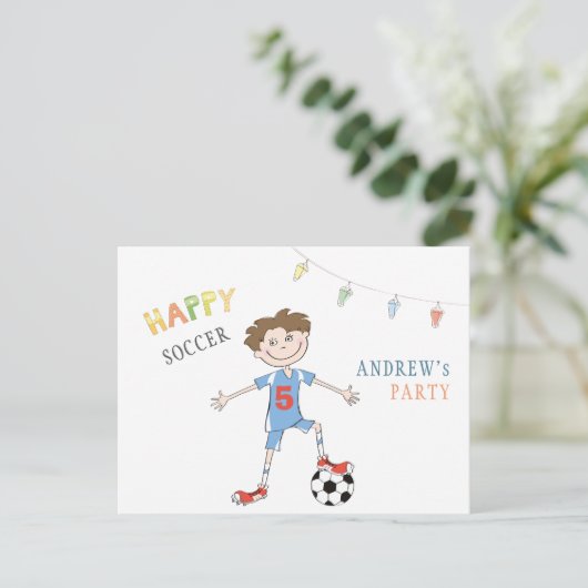 サッカーシンプルの誕生日5歳の男の子スポーツパーティー 案内ポストカード (スタンド正面)