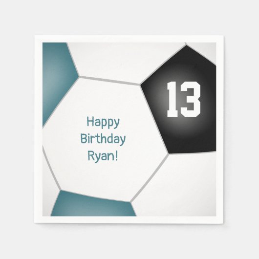 サッカーシンプルボール女の子の男の子の誕生日ティール（緑がかった色）ブラック スタンダードカクテルナプキン (正面)