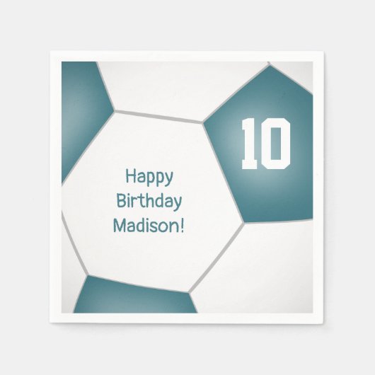 サッカーシンプルボール女子ボーイズ誕生日ティール（緑がかった色） スタンダードカクテルナプキン (正面)