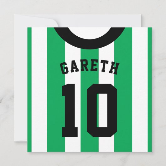 サッカージャージーをテーマにしたパーティー招待状テンプレート、緑 招待状 (裏面)