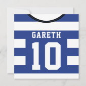 サッカージャージーをテーマにしたパーティー招待状テンプレート、青 招待状 (裏面)