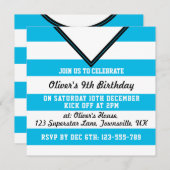 サッカージャージーをテーマにしたパーティー招待状テンプレート、青 招待状 (正面/裏面)