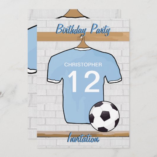 サッカージャージースカイブルーアンドホワイトバースデーパーティー 招待状 (正面/裏面)