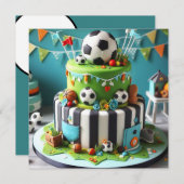 サッカースポーツをテーマにしたお誕生日ケーキ 招待状 (正面/裏面)
