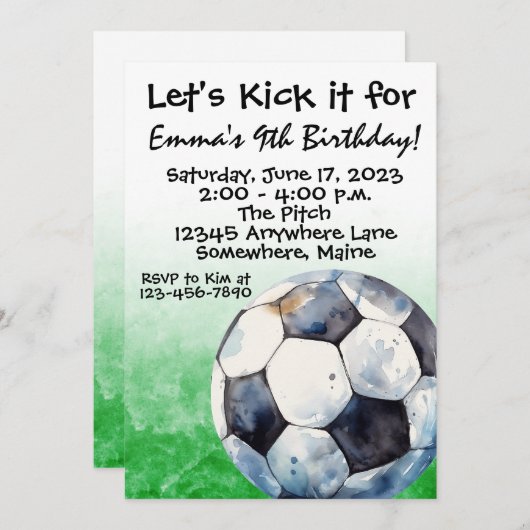 サッカースポーツ水彩色誕生日招待状 招待状 (正面/裏面)