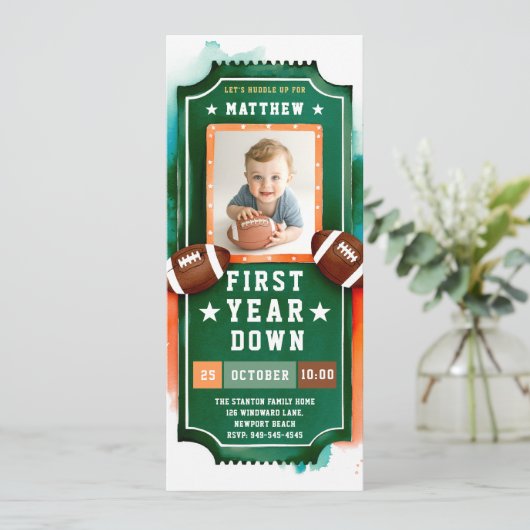 サッカーチケットグリーンフォトボーイ1st誕生日 招待状 (スタンド正面)