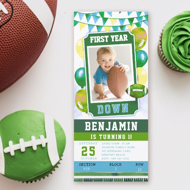 サッカーチケットグリーンボーイ1st誕生日招待状 (first year down football birthday invitation photo balloons watercolor sports boy green blue)