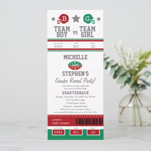 サッカーチケットジェンダーが赤ちゃんシャワーを明かす 招待状 (スタンド正面)