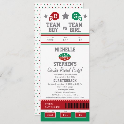 サッカーチケットジェンダーが赤ちゃんシャワーを明かす 招待状 (正面/裏面)