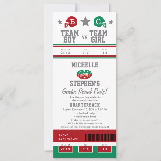 サッカーチケットジェンダーが赤ちゃんシャワーを明かす 招待状 (正面)