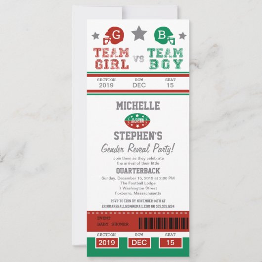 サッカーチケットジェンダーが赤ちゃんシャワーを明かす 招待状 (正面)