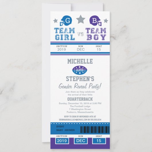 サッカーチケットジェンダーが赤ちゃんシャワーを明かす 招待状 (正面)