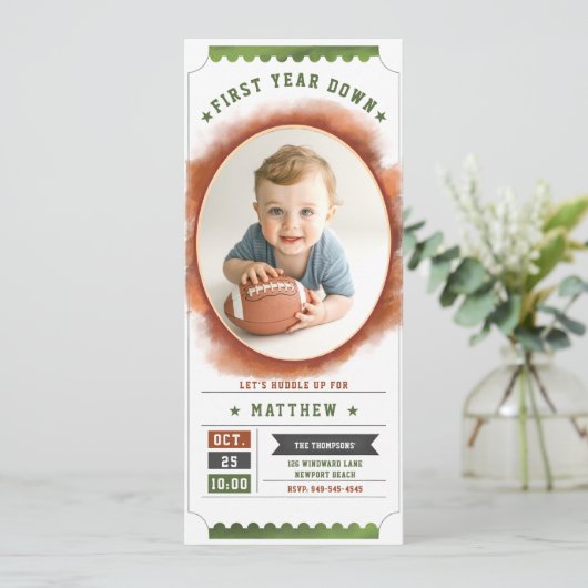 サッカーチケットスポーツおもしろいフォトボーイ1歳の誕生日 招待状 (スタンド正面)