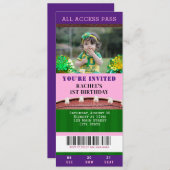 サッカーチケットピンク&パープル誕生日招待状 招待状 (正面/裏面)