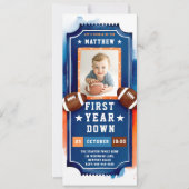 サッカーチケットフォトブルーオレンジボーイ1st誕生日 招待状 (正面)