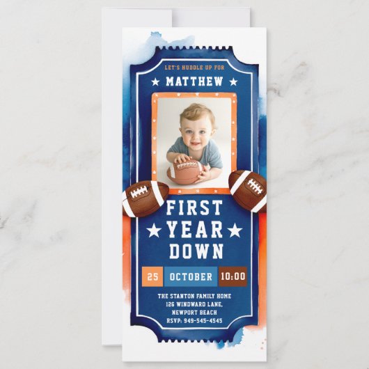 サッカーチケットフォトブルーオレンジボーイ1st誕生日 招待状 (正面)