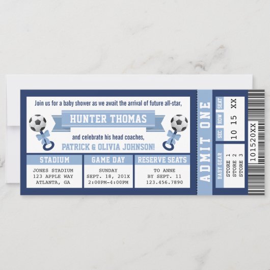 サッカーチケットベビーシャワー招待状ブルー 招待状 (正面)