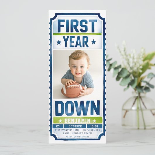 サッカーチケットボーイフォトブルーグリーン第1誕生日 招待状 (スタンド正面)