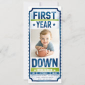 サッカーチケットボーイフォトブルーグリーン第1誕生日 招待状 (正面)