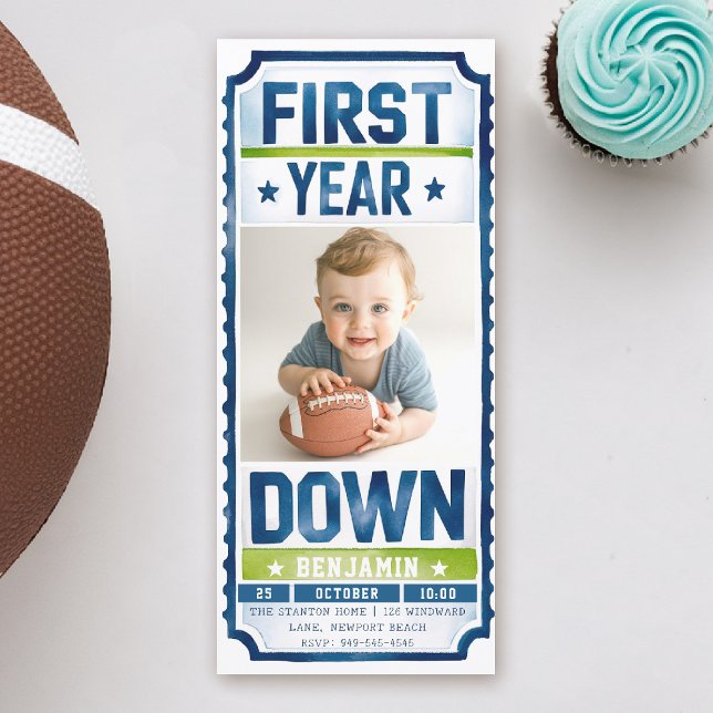 サッカーチケットボーイフォト1st誕生日招待状 (first year down football birthday invitation photo watercolor sports ticket boy blue)