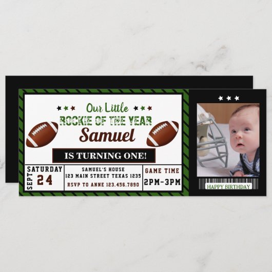 サッカーチケットルーキーオブザイヤー誕生日写真 招待状 (正面/裏面)