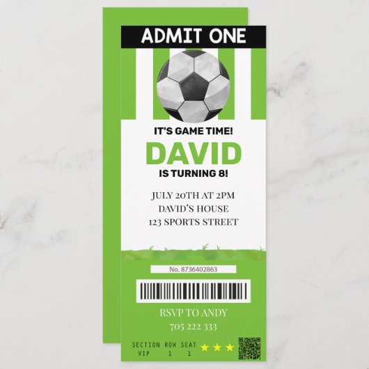 サッカーチケット誕生日ボーイスポーツパーティー 招待状 (正面/裏面)