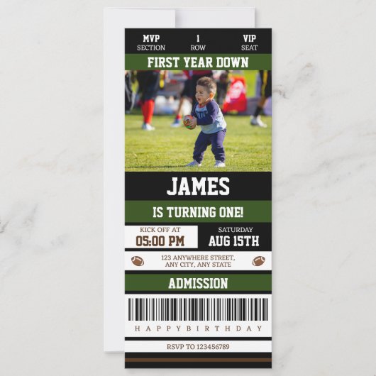 サッカーチケット1年連続1回目の誕生日の写真 招待状 (正面)