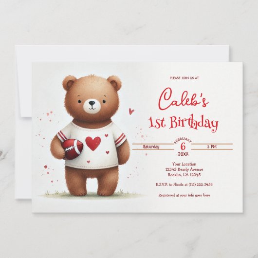 サッカーテディベアバレンタインデーの1歳の誕生日 招待状 (正面)
