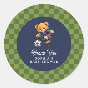 サッカーテディベア市松模様レトロベビーシャワー ラウンドシール