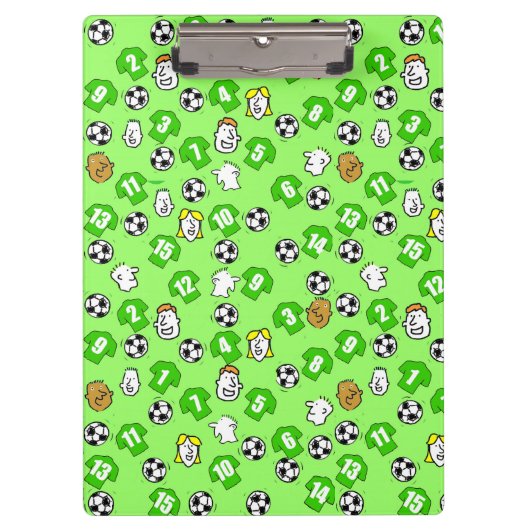 サッカーテーマと緑シャツ クリップボード (正面)