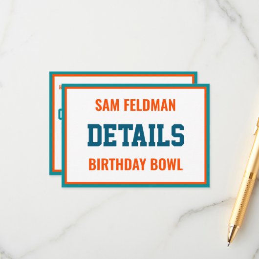 サッカーテーマアクアブルー&オレンジ誕生日詳細 エンクロージャーカード (正面/裏面インサイチュ)