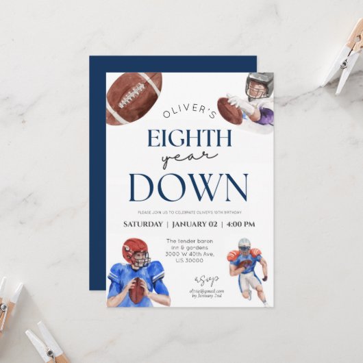 サッカーテーマ男子8歳の誕生日 招待状 (正面/裏面インサイチュ)