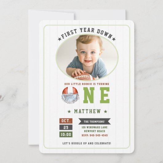 サッカーテーマ1年目ダウン少年1歳の誕生日 招待状 (正面)