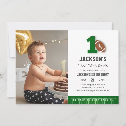 サッカーテーマ1年目ダウン誕生日写真 招待状 (正面)