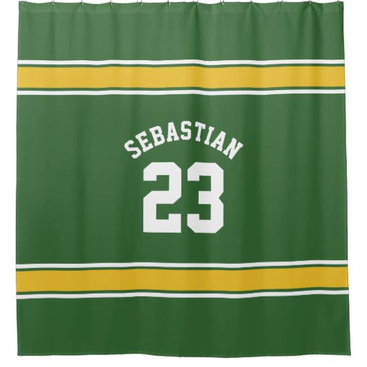 サッカーノベルティパーソナライズされたジャージーグリーンイエロー シャワーカーテン (正面)