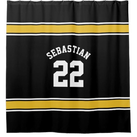 サッカーノベルティパーソナライズされたジャージーブラックイエロー シャワーカーテン (正面)