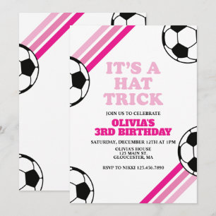 サッカーハットトリックピンクストライプ色の誕生日 招待状