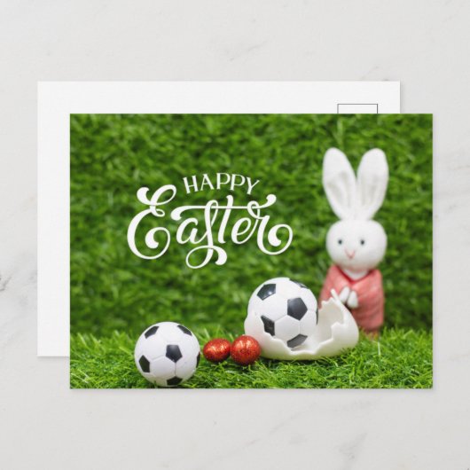 サッカーハッピーイースターサッカーボールとエッグスポス付き ポストカード (正面/裏面)