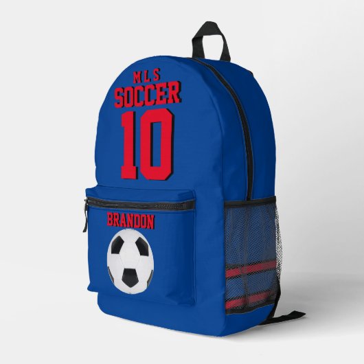 サッカーバックパック青パーソナライズされた赤サッカー行く プリントバックパック (裏面右端)