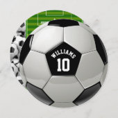 サッカーバースデーパーティーモノグラムサッカー招待状 (正面/裏面)