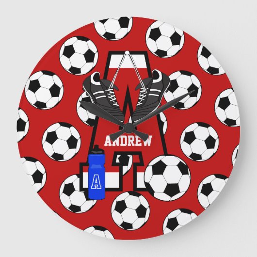 サッカーパーソナライズされたのモノグラム文字A ラージ壁時計 (正面)